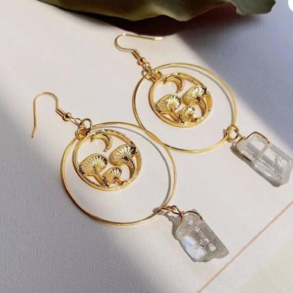 Quartz Crystal & Golden Mushrooms Long Dangle Earrings - Picture 3 of 5